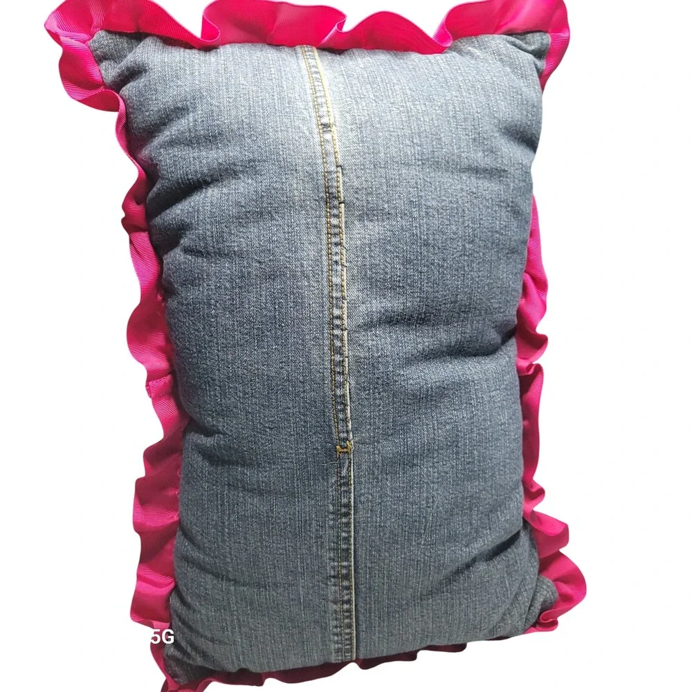 Handmade Embroidered Floral Pillow Denim Back Pink Ruffle Trim 17x12 Boho Accent